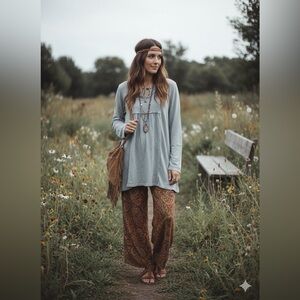 Cable & Gauge Boho Artisan Tunic Top Gray 100% Cotton Keyhole Neck Women's Large